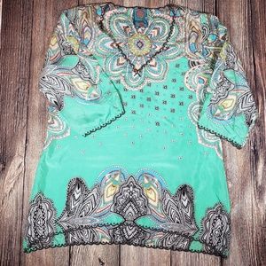 Johnny Was Teal and Black Embroidered Top